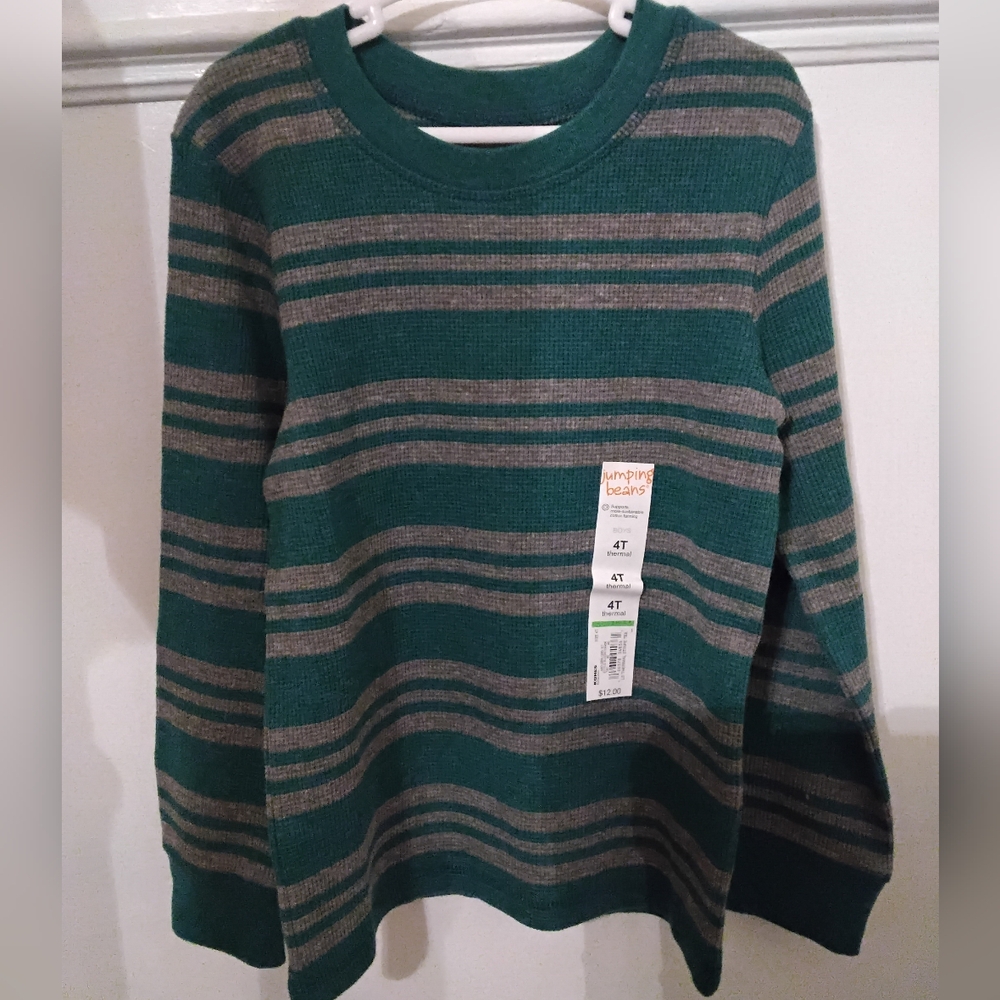 Jumping Beans Green & Gray Stripe Thermal Long Sleeve Shirt (3T)